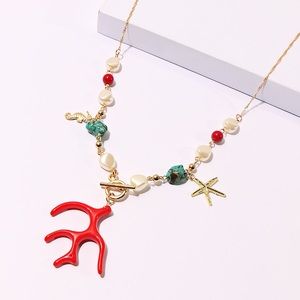 Sea horse coral starfish gold pearls necklace new! Beach gold summer turquoise